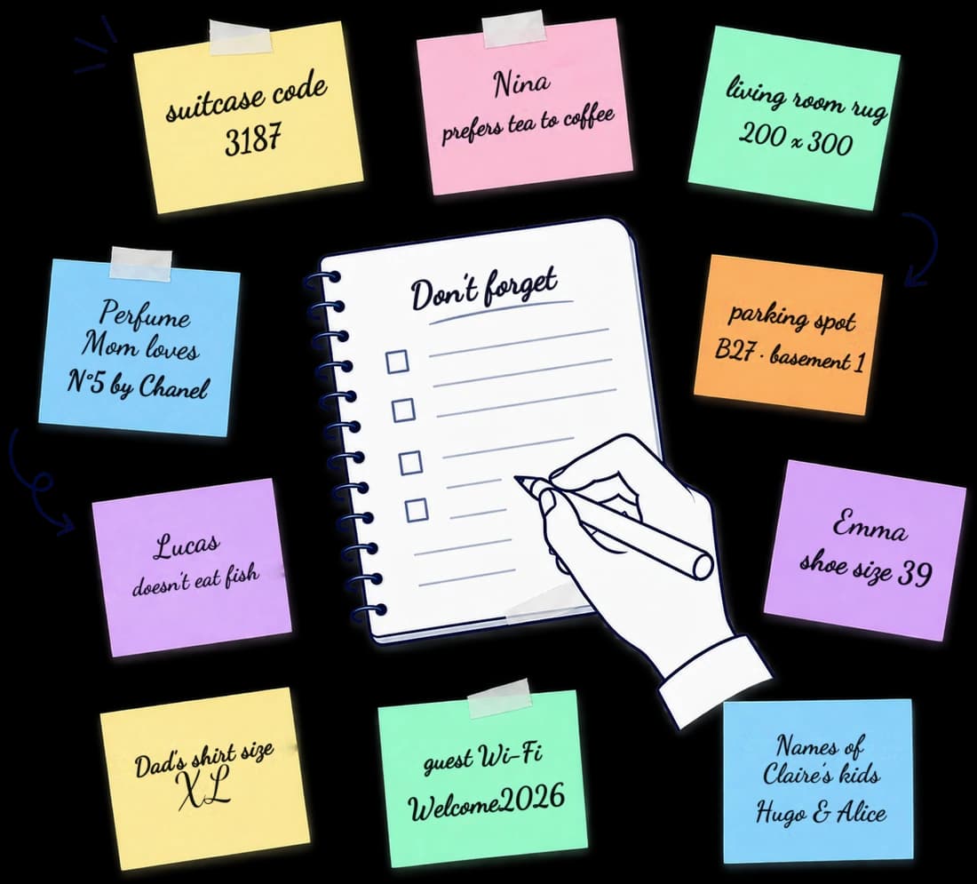 A “Don’t forget” notebook surrounded by handwritten sticky notes: suitcase code, the perfume Mom loves, parking spot, the names of Claire’s kids.