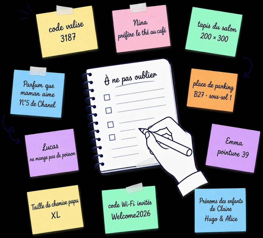 Un carnet « À ne pas oublier » entouré de post-it : code valise, parfum que maman aime, place de parking, prénoms des enfants de Claire.