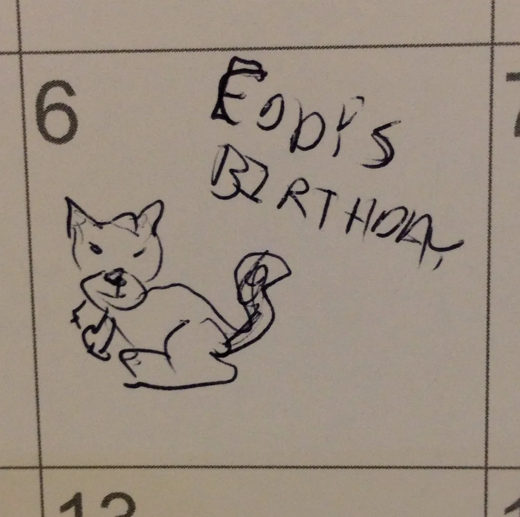 Une case de calendrier mural en papier, le 6, où quelqu’un a écrit un anniversaire en majuscules tremblées à côté du dessin d’un chat.