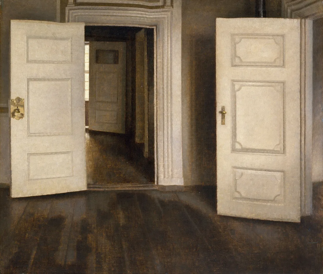 A painting by Vilhelm Hammershøi: two tall white doors wide open onto an empty hallway and a dark wooden floor.
