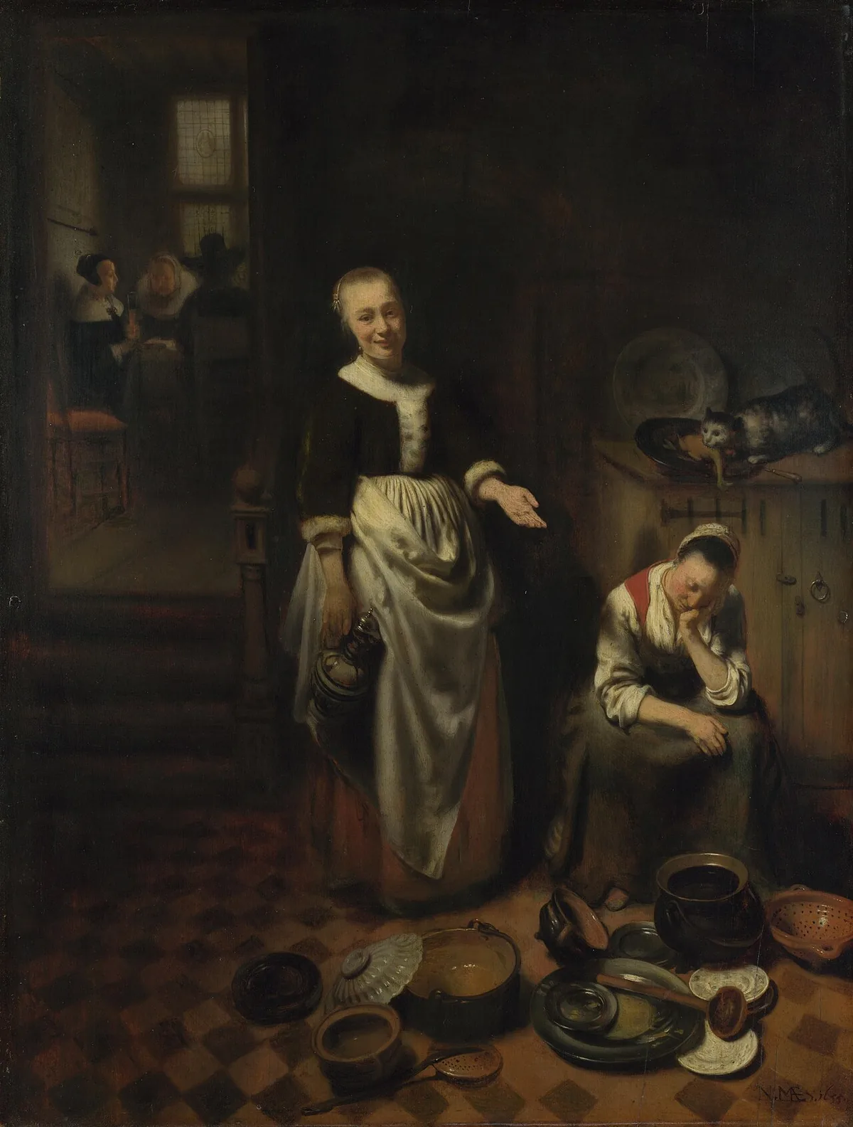 Le tableau « La servante paresseuse » de Nicolaes Maes : dans une cuisine du XVIIe siècle, une servante somnole au milieu des casseroles pendant qu’un chat vole un poulet.