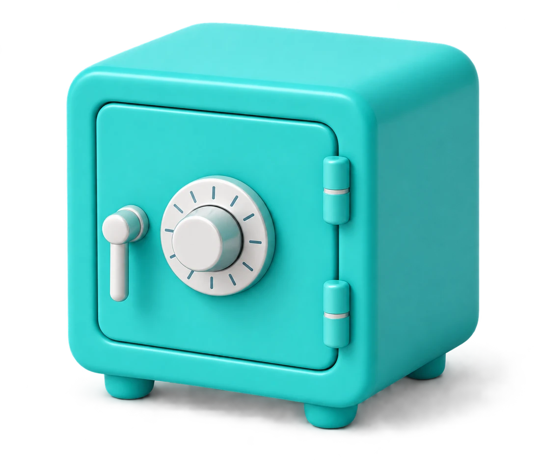 Un petit coffre-fort turquoise stylisé, porte fermée, avec sa molette de combinaison.
